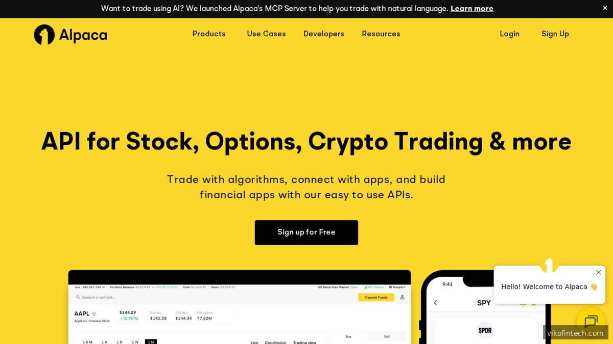 Alpaca Homepage – Broker-API-Plattform für algorithmischen Aktien- und ETF-Handel