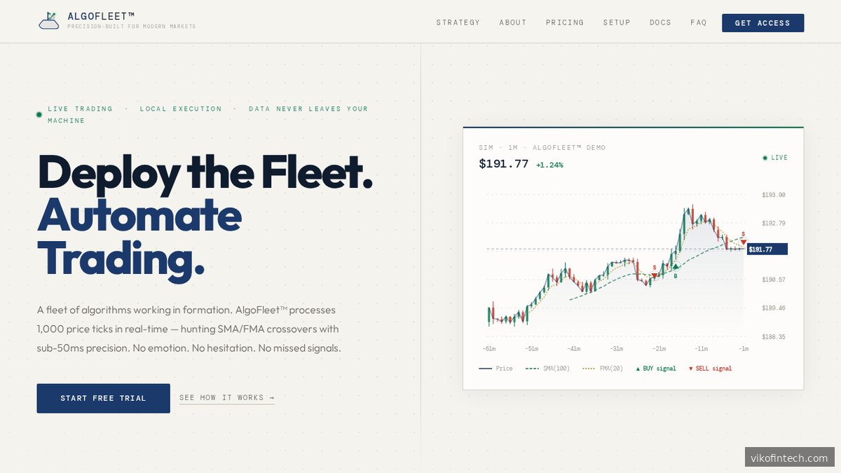 Screenshot of algofleet.trade homepage showing the platform for algorithmic and automated crypto trading